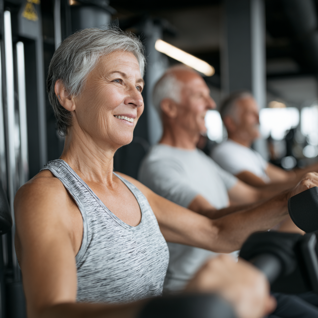 Mature adults engaging in professional fitness training with modern equipment